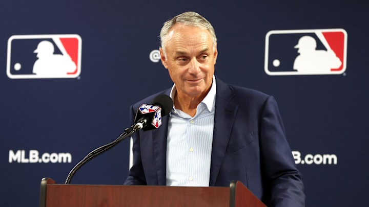Feb 15, 2024; Tampa, FL, USA; MLB commissioner Rob Manfred talks with media at George M.