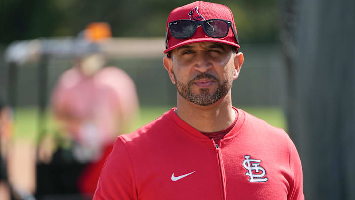 Feb 15, 2024; Jupiter, FL, USA;  St. Louis Cardinals manager Oliver Marmol (37) checks on his team
