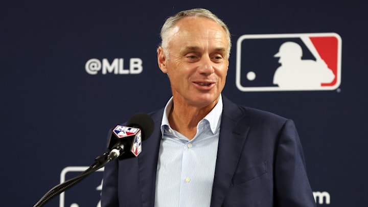 Feb 15, 2024; Tampa, FL, USA; MLB commissioner Rob Manfred talks with media at George M. Steinbrenner Field. Mandatory Credit: Kim Klement Neitzel-Imagn Images