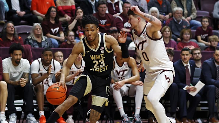 Mar 2, 2024; Blacksburg, Virginia, USA; Wake Forest Demon Deacons guard Hunter Sallis (23) drives to