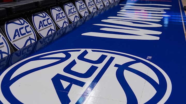 Mar 8, 2024; Greensboro, NC, USA; General view of the ACC logo before the game between Notre Dame vs Louisville at Greensboro Coliseum. Mandatory Credit: David Yeazell-Imagn Images