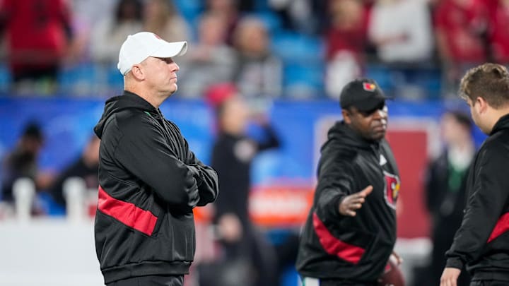 Dec 2, 2023; Charlotte, NC, USA; Louisville Cardinals head coach Jeff Brohm during warm ups against