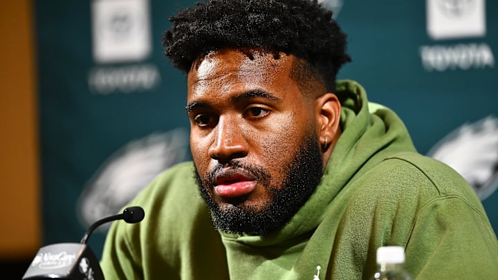 Mar 14, 2024; Philadelphia, PA, USA; Philadelphia Eagles linebacker Bryce Huff speaks during a press conference after signing with the team. Mandatory Credit: Kyle Ross-Imagn Images