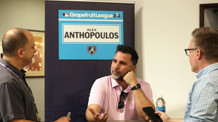 Feb 15, 2024; Tampa, FL, USA; Atlanta Braves general manager and president of baseball operations Alex Anthopoulos talks with media at George M. Steinbrenner Field. Mandatory Credit: Kim Klement Neitzel-Imagn Images
