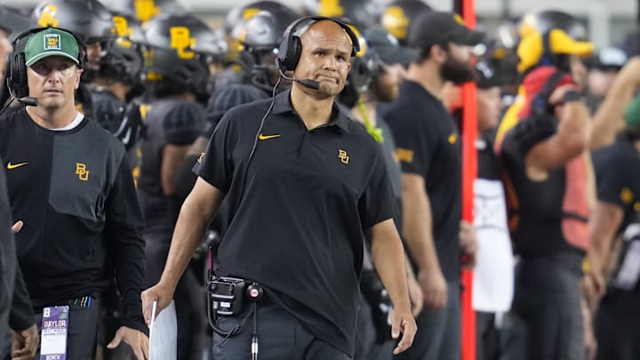 Sep 20, 2025; Waco, Texas, USA; Baylor Bears head coach Dave Aranda reacts during the second half against the Arizona State Sun Devils at McLane Stadium. Mandatory Credit: Chris Jones-Imagn Images