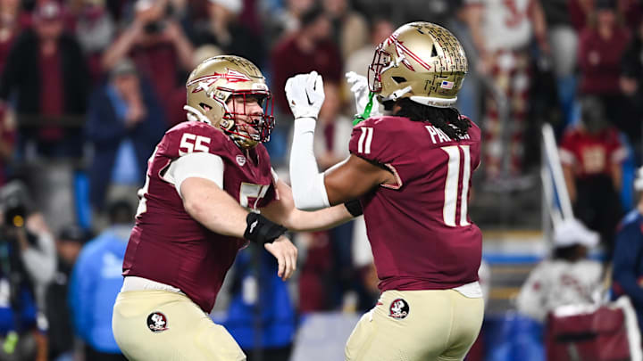 Dec 2, 2023; Charlotte, NC, USA; Florida State Seminoles defensive lineman Braden Fiske (55) reacts