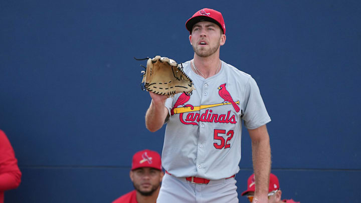 Feb 15, 2024; Jupiter, FL, USA;  St. Louis Cardinals starting pitcher Matthew Liberatore (52)
