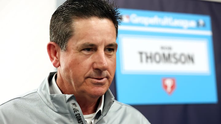 Philadelphia Phillies manager Rob Thomson talks with media at George M. Steinbrenner Field.