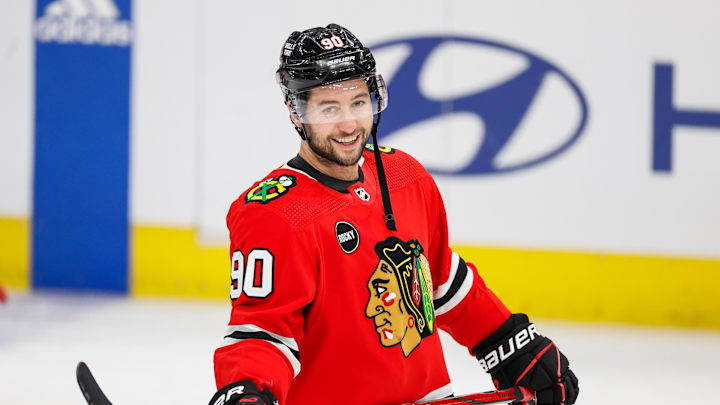 Nov 26, 2023; Chicago, Illinois, USA; Chicago Blackhawks center Tyler Johnson (90) warms up before a hockey game against the St. Louis Blues at United Center. Mandatory Credit: Kamil Krzaczynski-Imagn Images