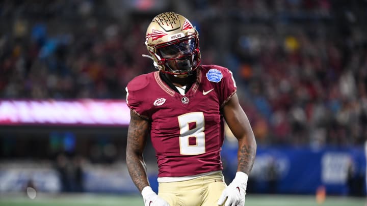 Dec 2, 2023; Charlotte, NC, USA; Florida State Seminoles defensive back Renardo Green (8) reacts after breaking up a pass in the third quarter against the Louisville Cardinals at Bank of America Stadium. Mandatory Credit: Bob Donnan-USA TODAY Sports