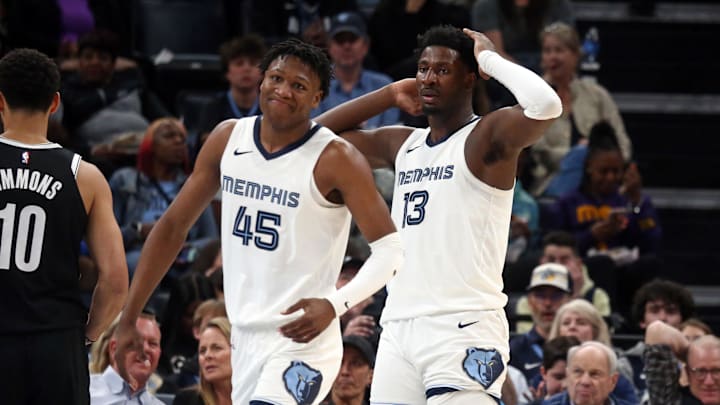 Feb 26, 2024; Memphis, Tennessee, USA; Memphis Grizzlies forward GG Jackson (45) and forward-center Jaren Jackson Jr. (13) react after a turnover during the first half against the Brooklyn Nets at FedExForum. Mandatory Credit: Petre Thomas-Imagn Images