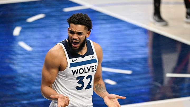 May 28, 2024; Dallas, Texas, USA; Minnesota Timberwolves center Karl-Anthony Towns (32) reacts after being called for a foul during the third quarter against the Dallas Mavericks in game four of the western conference finals for the 2024 NBA playoffs at American Airlines Center. Mandatory Credit: Jerome Miron-Imagn Images May 28, 2024; Dallas, Texas, USA; Minnesota Timberwolves center Karl-Anthony Towns (32) reacts after being called for a foul during the third quarter against the Dallas Mavericks in game four of the western conference finals for the 2024 NBA playoffs at American Airlines Center. Mandatory Credit: Jerome Miron-Imagn Images
