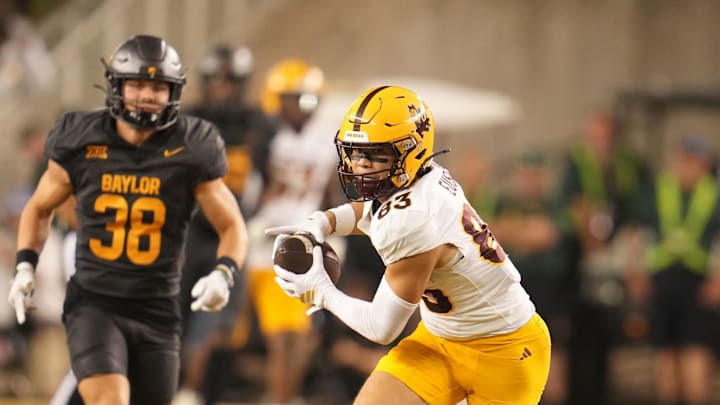 Sep 20, 2025; Waco, Texas, USA; Arizona State Sun Devils wide receiver Derek Eusebio (83) makes a catch ahead of Baylor Bears safety Jacob Redding (38) during the second half at McLane Stadium. Mandatory Credit: Chris Jones-Imagn Images