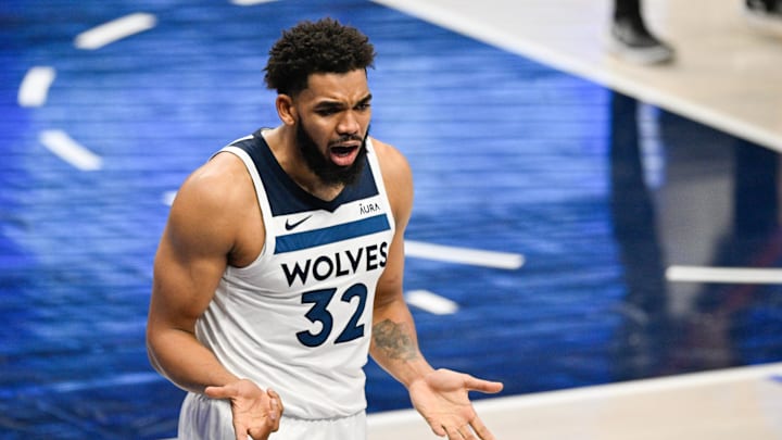 May 28, 2024; Dallas, Texas, USA; Minnesota Timberwolves center Karl-Anthony Towns (32) reacts after being called for a foul during the third quarter against the Dallas Mavericks in game four of the western conference finals for the 2024 NBA playoffs at American Airlines Center. Mandatory Credit: Jerome Miron-Imagn Images May 28, 2024; Dallas, Texas, USA; Minnesota Timberwolves center Karl-Anthony Towns (32) reacts after being called for a foul during the third quarter against the Dallas Mavericks in game four of the western conference finals for the 2024 NBA playoffs at American Airlines Center. Mandatory Credit: Jerome Miron-Imagn Images