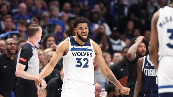 May 28, 2024; Dallas, Texas, USA; Minnesota Timberwolves center Karl-Anthony Towns (32) reacts during the fourth quarter against the Dallas Mavericks in game four of the western conference finals for the 2024 NBA playoffs at American Airlines Center. Mandatory Credit: Kevin Jairaj-Imagn Images May 28, 2024; Dallas, Texas, USA; Minnesota Timberwolves center Karl-Anthony Towns (32) reacts during the fourth quarter against the Dallas Mavericks in game four of the western conference finals for the 2024 NBA playoffs at American Airlines Center. Mandatory Credit: Kevin Jairaj-Imagn Images