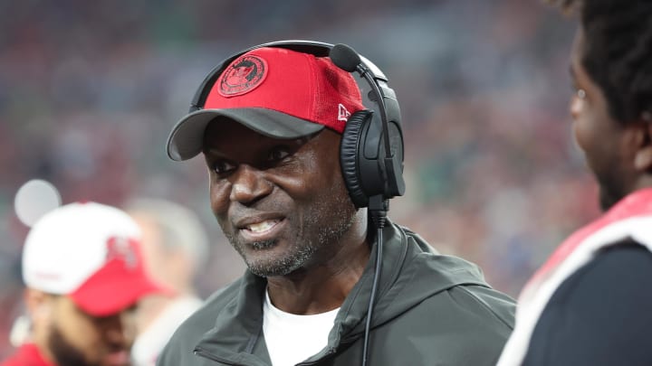 Jan 15, 2024; Tampa, Florida, USA; Tampa Bay Buccaneers head coach Todd Bowles reacts during the first half of a 2024 NFC wild card game against the Philadelphia Eagles at Raymond James Stadium. Mandatory Credit: Kim Klement Neitzel-USA TODAY Sports