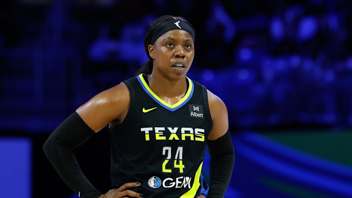 Dallas Wings guard Arike Ogunbowale reacts against the Washington Mystics.