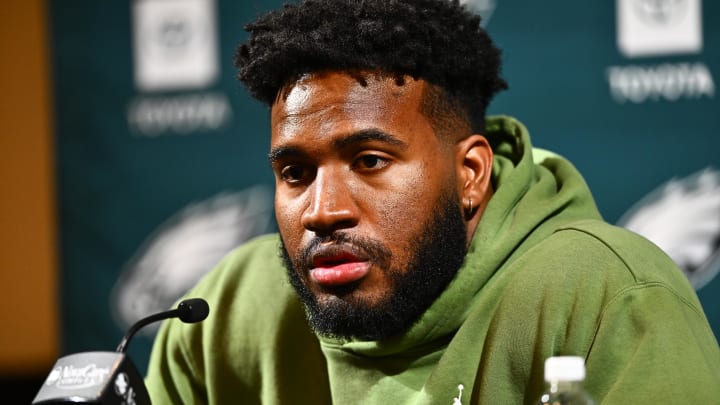 Mar 14, 2024; Philadelphia, PA, USA; Philadelphia Eagles linebacker Bryce Huff speaks during a press conference after signing with the team. Mar 14, 2024; Philadelphia, PA, USA; Philadelphia Eagles linebacker Bryce Huff speaks during a press conference after signing with the team.