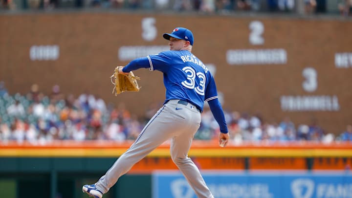 Toronto Blue Jays pitcher Trevor Richards (33) pitches during the fourth inning  of the game against the Detroit Tigers at Comerica Park in 2024.