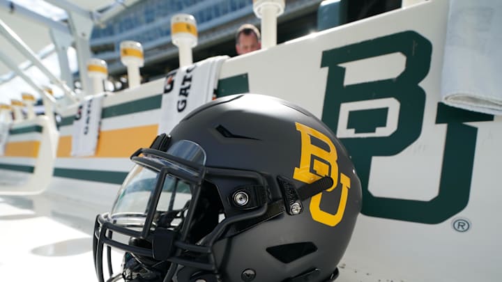 Sep 20, 2025; Waco, Texas, USA; A Baylor Bears helmet sits on the team bench prior to a game against the Arizona State Sun Devils at McLane Stadium. Mandatory Credit: Chris Jones-Imagn Images