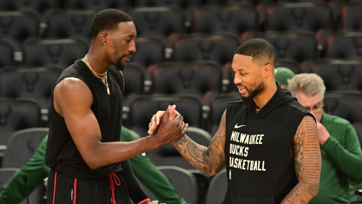 Oct 30, 2023; Milwaukee, Wisconsin, USA; Miami Heat center Bam Adebayo (13) greets Milwaukee Bucks guard Damian Lillard (0) before the game at Fiserv Forum. Mandatory Credit: Benny Sieu-USA TODAY Sports Oct 30, 2023; Milwaukee, Wisconsin, USA; Miami Heat center Bam Adebayo (13) greets Milwaukee Bucks guard Damian Lillard (0) before the game at Fiserv Forum. Mandatory Credit: Benny Sieu-USA TODAY Sports