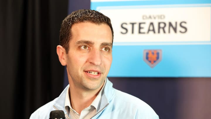 Feb 15, 2024; Tampa, FL, USA; New York Mets president of baseball operations David Stearns talks with media at George M. Steinbrenner Field. Mandatory Credit: Kim Klement Neitzel-Imagn Images