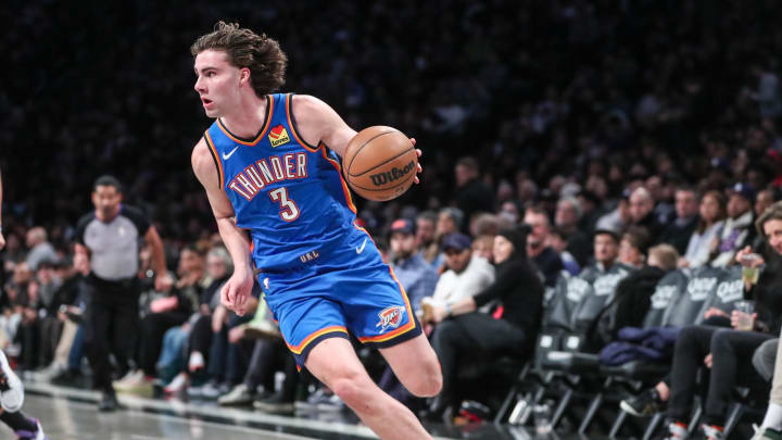 Jan 5, 2024; Brooklyn, New York, USA;  Oklahoma City Thunder guard Josh Giddey (3) drives to the basket in the third quarter against the Brooklyn Nets at Barclays Center. Mandatory Credit: Wendell Cruz-USA TODAY Sports