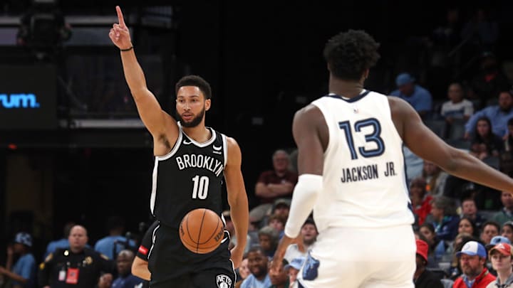 Feb 26, 2024; Memphis, Tennessee, USA; Brooklyn Nets guard Ben Simmons (10) gives direction as he brings the ball up the court during the second half against the Memphis Grizzlies at FedExForum. Mandatory Credit: Petre Thomas-Imagn Images