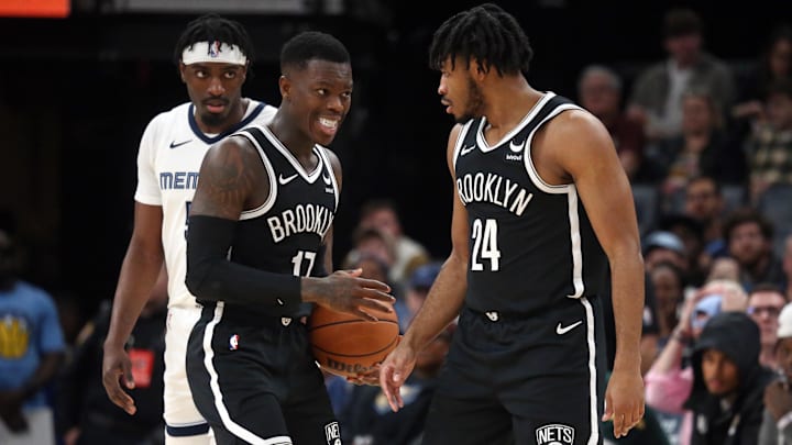 Feb 26, 2024; Memphis, Tennessee, USA; Brooklyn Nets guard Dennis Schroder (17) talks with guard Cam Thomas (24) after a foul call during the first half against the Memphis Grizzlies at FedExForum. Mandatory Credit: Petre Thomas-Imagn Images