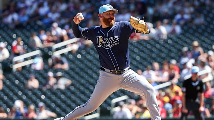 Tampa Bay Rays starting pitcher Zack Littell (52) delivers a pitch against the Minnesota Twins during the first inning at Target Field. Tampa Bay Rays starting pitcher Zack Littell (52) delivers a pitch against the Minnesota Twins during the first inning at Target Field.