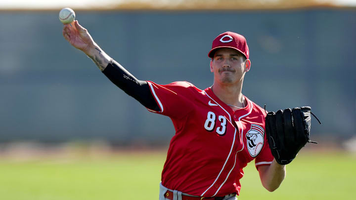 Feb 15, 2024; Goodyear, AZ, USA; Cincinnati Reds non-roster invitee pitcher Chase Petty (93) throws during spring training workouts. Mandatory Credit: Kareem Elgazzar-Imagn Images