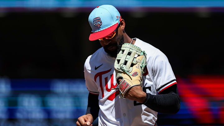 Jul 4, 2025; Minneapolis, Minnesota, USA; Minnesota Twins center fielder Byron Buxton (25) runs back to the dugout during the second inning against the Tampa Bay Rays at Target Field. Mandatory Credit: Matt Krohn-Imagn Images