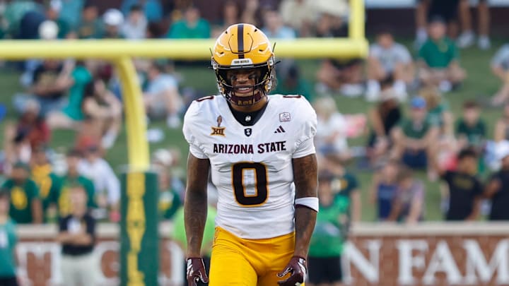 Sep 20, 2025; Waco, Texas, USA; Arizona State Sun Devils wide receiver Jordyn Tyson (0) in action against the Baylor Bears during the first half at McLane Stadium. Mandatory Credit: Chris Jones-Imagn Images