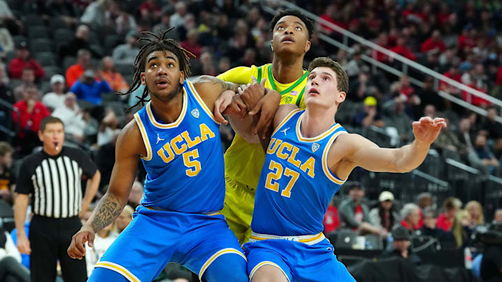 Mar 14, 2024; Las Vegas, NV, USA; UCLA Bruins guard Brandon Williams (5) and guard Jan Vide (27). Mar 14, 2024; Las Vegas, NV, USA; UCLA Bruins guard Brandon Williams (5) and guard Jan Vide (27).