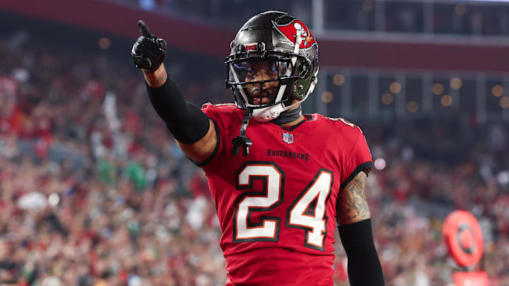 Jan 15, 2024; Tampa, Florida, USA; Tampa Bay Buccaneers cornerback Carlton Davis III (24) gestures