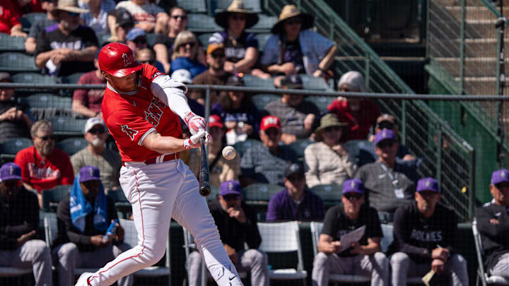 Mar 8, 2024; Tempe, Arizona, USA; Los Angeles Angels infielder Brandon Drury (23) at bat in the