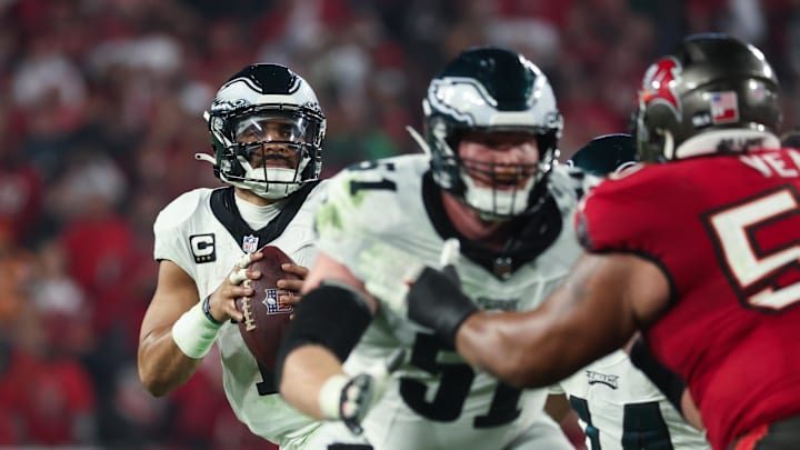 Jan 15, 2024; Tampa, Florida, USA; Philadelphia Eagles quarterback Jalen Hurts (1) looks to throw against the Tampa Bay Buccaneers during the second half of a 2024 NFC wild card game at Raymond James Stadium. Mandatory Credit: Kim Klement Neitzel-USA TODAY Sports