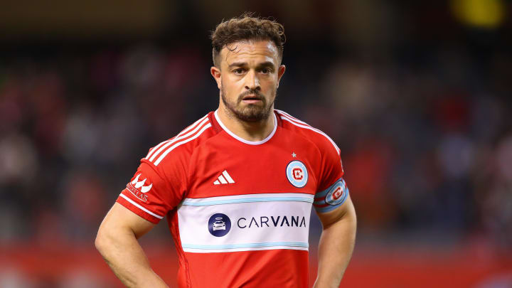 May 15, 2024; Chicago, Illinois, USA; Chicago Fire FC midfielder Xherdan Shaqiri (10) looks on during the first half against Charlotte FC at Soldier Field.