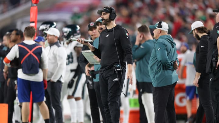 Jan 15, 2024; Tampa, Florida, USA; Philadelphia Eagles head coach Nick Sirianni on the sidelines during the first half of a 2024 NFC wild card game against the Tampa Bay Buccaneers at Raymond James Stadium. Mandatory Credit: Nathan Ray Seebeck-USA TODAY Sports