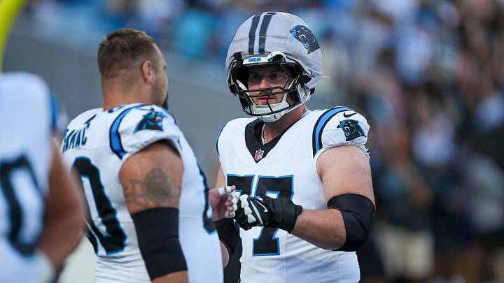 Jul 31, 2026; Charlotte, NC, USA; Carolina Panthers center Luke Fortner (77) talks with center Nick Samac (60) during Fanfest at Bank of America Stadium. Mandatory Credit: Jim Dedmon-Imagn Images Jul 31, 2026; Charlotte, NC, USA; Carolina Panthers center Luke Fortner (77) talks with center Nick Samac (60) during Fanfest at Bank of America Stadium. Mandatory Credit: Jim Dedmon-Imagn Images