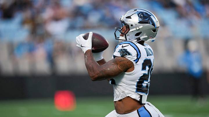 Carolina Panthers receiver A.J. Dillon (28) catches the ball during Fanfest Carolina Panthers receiver A.J. Dillon (28) catches the ball during Fanfest