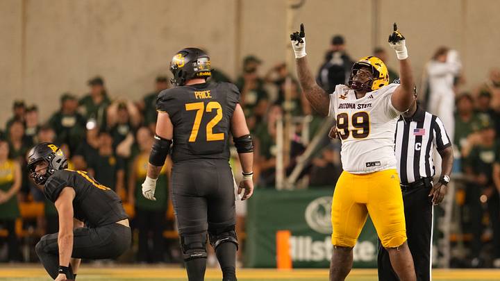 Sep 20, 2025; Waco, Texas, USA; Arizona State Sun Devils defensive lineman C.J. Fite (99) reacts after a sack against Baylor Bears quarterback Sawyer Robertson (13) Sep 20, 2025; Waco, Texas, USA; Arizona State Sun Devils defensive lineman C.J. Fite (99) reacts after a sack against Baylor Bears quarterback Sawyer Robertson (13)