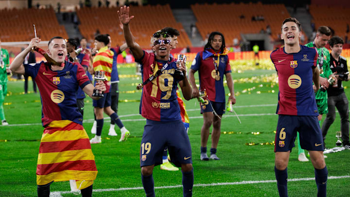 Lamine Yamal (middle) is the leading figure of a new generation of Barcelona players that have dominated Real Madrid this season.