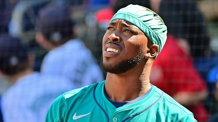 Mar 8, 2024; Mesa, Arizona, USA;  Seattle Mariners second baseman Samad Taylor (12) looks on prior to a spring training game against the Chicago Cubs at Sloan Park. Mandatory Credit: Matt Kartozian-Imagn Images