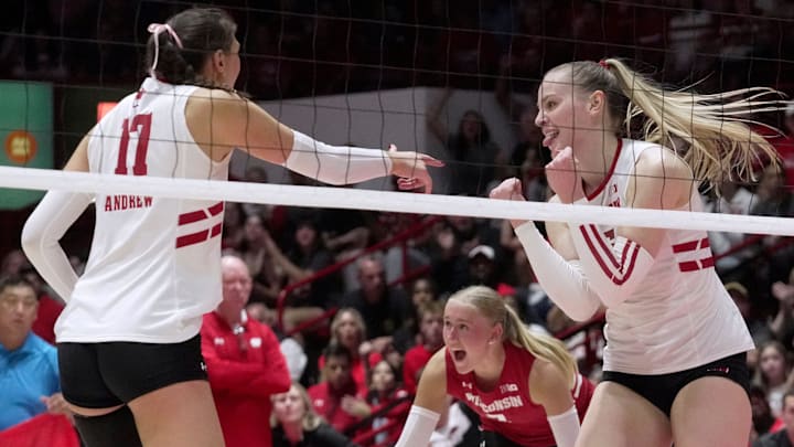 Wisconsin outside hitter Mimi Colyer (15) celebrates a point during their match against Illinois Thursday, October 2, 2025 at the UW Field House in Madison, Wisconsin. Wisconsin beat Illinois 3-0.