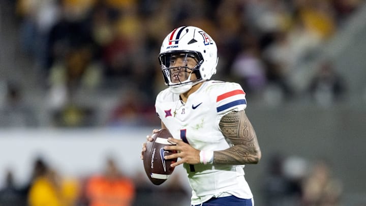 Nov 28, 2025; Tempe, Arizona, USA; Arizona Wildcats quarterback Noah Fifita (1) against the Arizona State Sun Devils during the 99th Territorial Cup at Mountain America Stadium. Mandatory Credit: Mark J. Rebilas-Imagn Images Nov 28, 2025; Tempe, Arizona, USA; Arizona Wildcats quarterback Noah Fifita (1) against the Arizona State Sun Devils during the 99th Territorial Cup at Mountain America Stadium. Mandatory Credit: Mark J. Rebilas-Imagn Images
