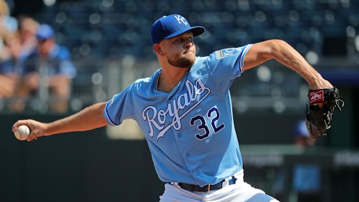 Sep 5, 2019; Kansas City, MO, USA; Kansas City Royals relief pitcher Jesse Hahn (32) pitches against the Detroit Tigers during the eighth inning at Kauffman Stadium. Mandatory Credit: Jay Biggerstaff-Imagn Images Sep 5, 2019; Kansas City, MO, USA; Kansas City Royals relief pitcher Jesse Hahn (32) pitches against the Detroit Tigers during the eighth inning at Kauffman Stadium. Mandatory Credit: Jay Biggerstaff-Imagn Images