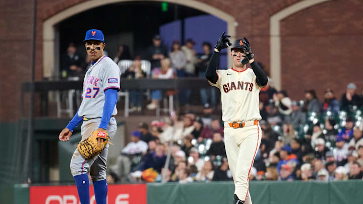 Apr 2, 2026; San Francisco, California, USA; San Francisco Giants catcher Daniel Susac (6) acknowledges the Giants dugout after hitting a double against the New York Mets during the third inning at Oracle Park. Mandatory Credit: Robert Edwards-Imagn Images