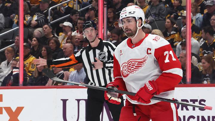 Mar 31, 2026; Pittsburgh, Pennsylvania, USA;  Detroit Red Wings center Dylan Larkin (71) celebrates his power play goal against the Pittsburgh Penguins during the second period at PPG Paints Arena. Mandatory Credit: Charles LeClaire-Imagn Images