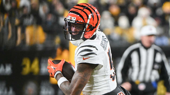Jan 4, 2025; Pittsburgh, Pennsylvania, USA; Cincinnati Bengals wide receiver Tee Higgins (5) catches a pass against the Pittsburgh Steelers during the first quarter at Acrisure Stadium. Mandatory Credit: Barry Reeger-Imagn Images Jan 4, 2025; Pittsburgh, Pennsylvania, USA; Cincinnati Bengals wide receiver Tee Higgins (5) catches a pass against the Pittsburgh Steelers during the first quarter at Acrisure Stadium. Mandatory Credit: Barry Reeger-Imagn Images